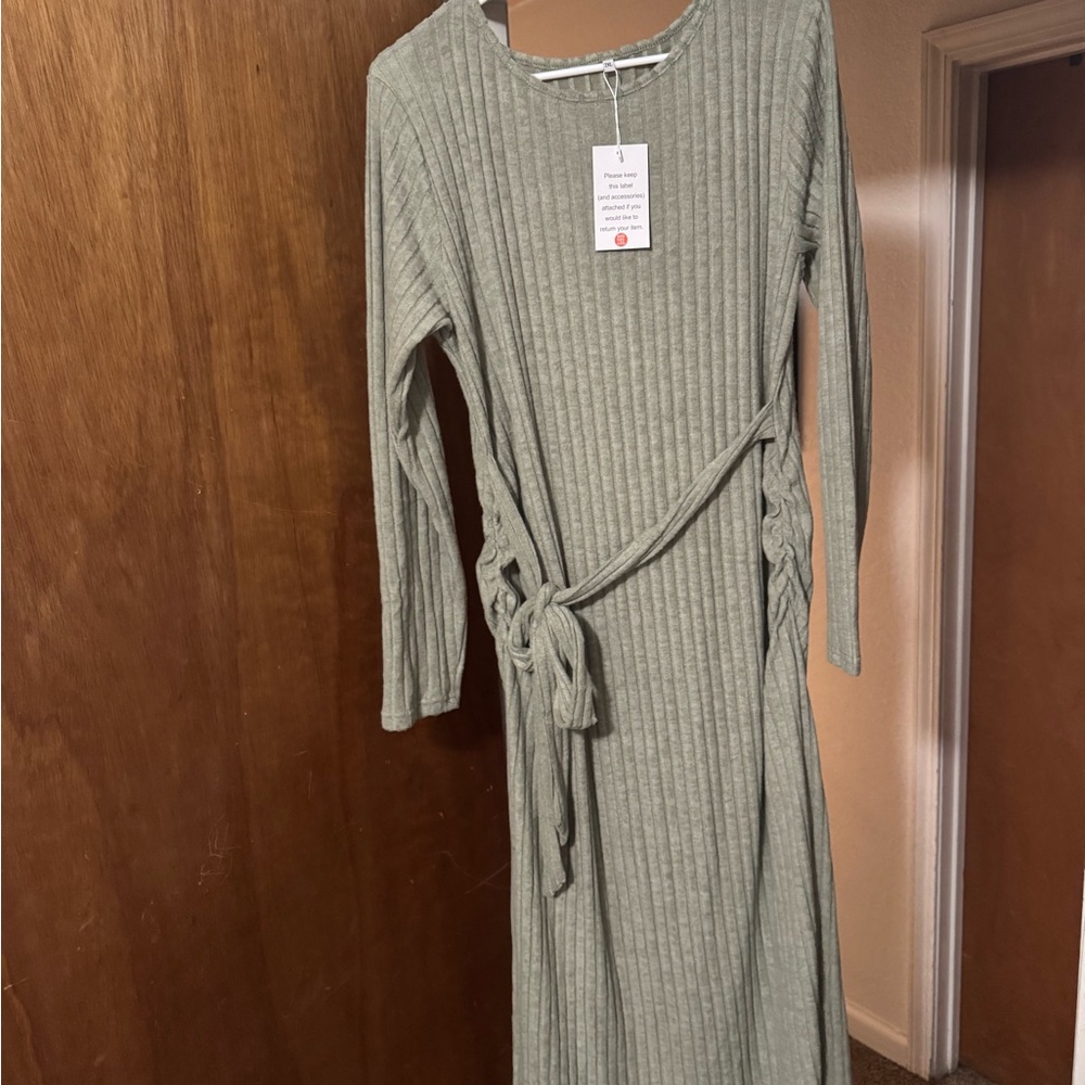 Ribbed Long Sleeve Sage Green Wrap Dress